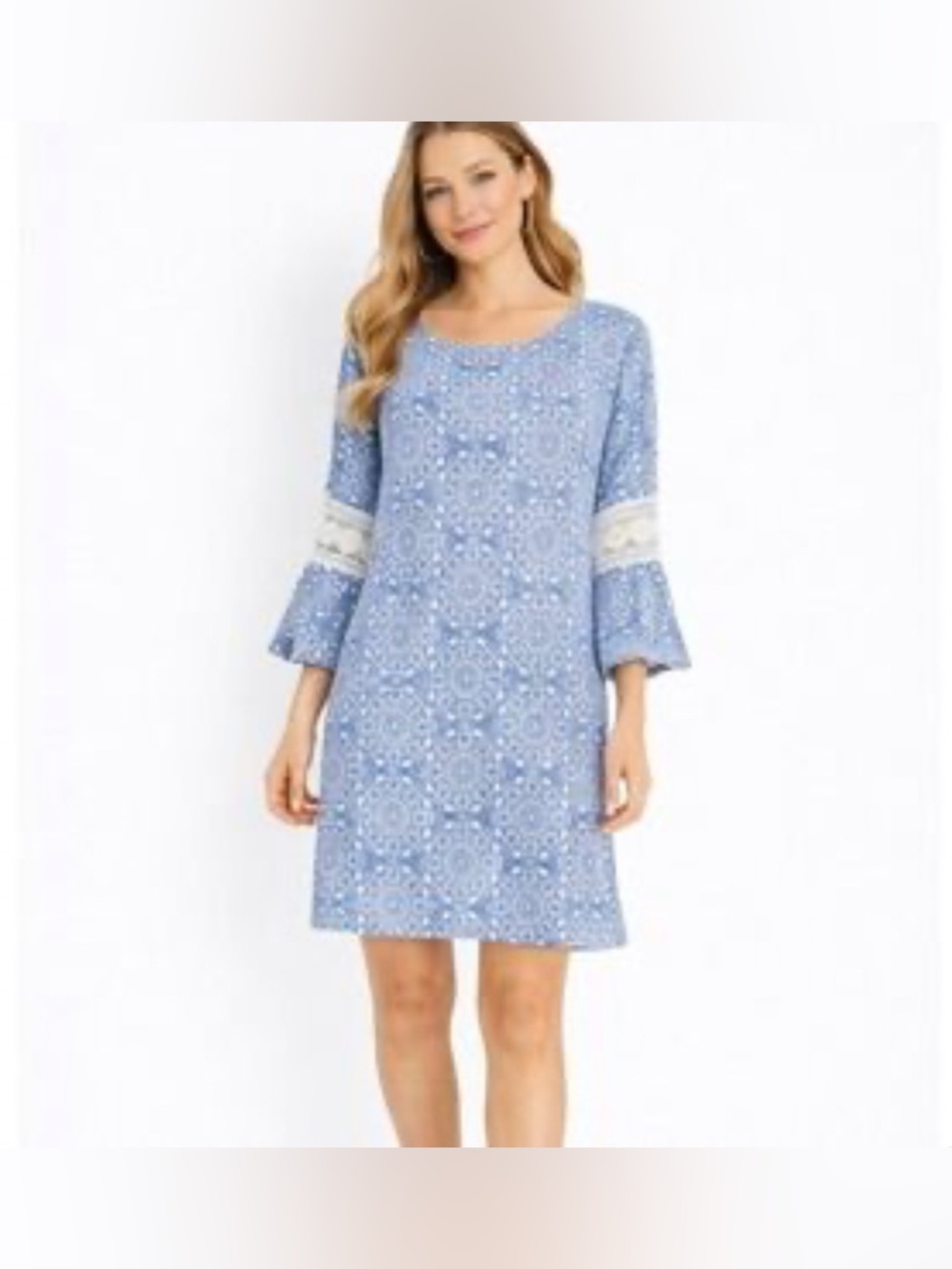 Luxology Light Blue Printed Bell-Sleeve Shift Dress with Lace Trim